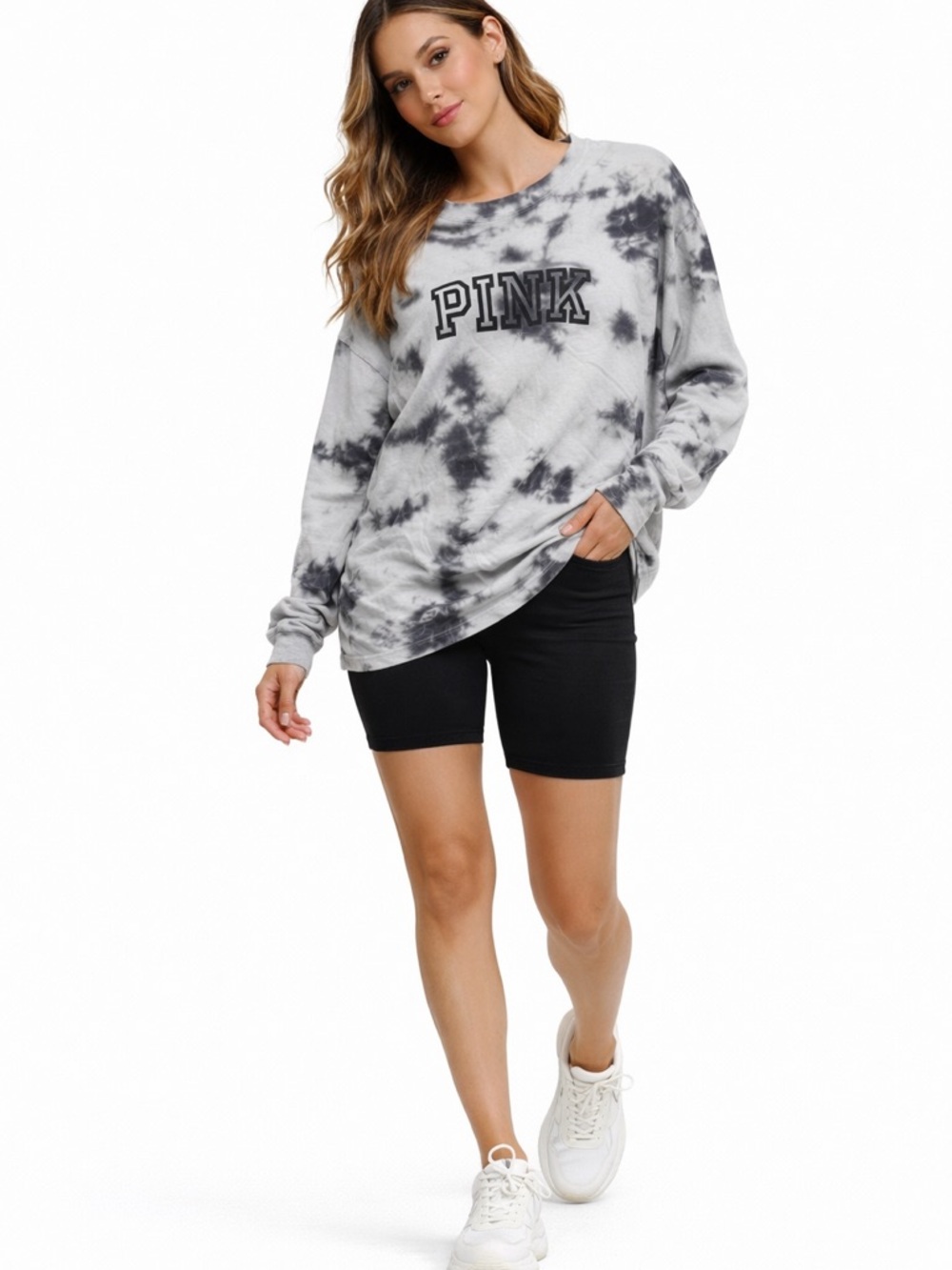 PINK Victoria's Secret Long Sleeve Tie Dye Graphic Tee Gray Black Small